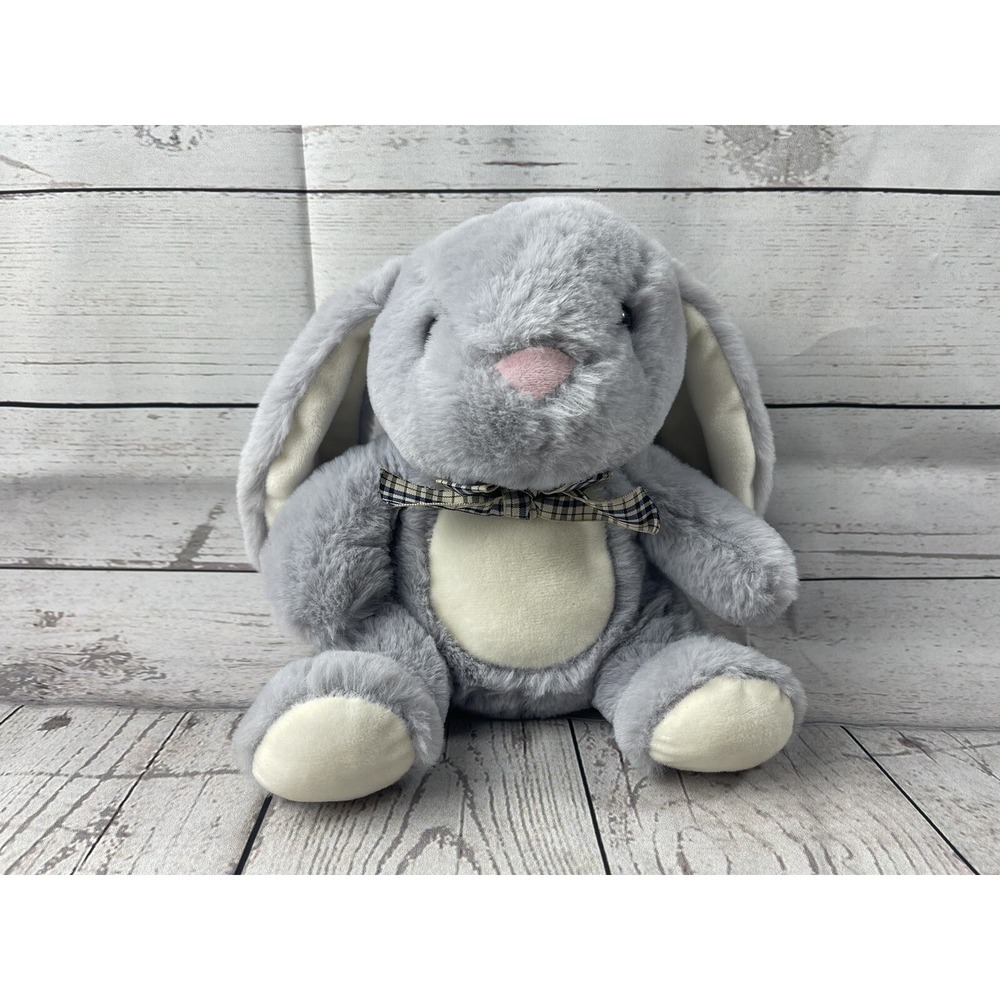 Kellytoy Bee Happy Easter Bunny Rabbit Plush 9" Grey Gingham Plaid Bow Pink Nose